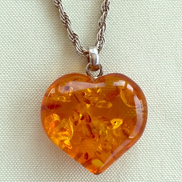 Jewelry - Amber and Sterling silver heart pendant and chain